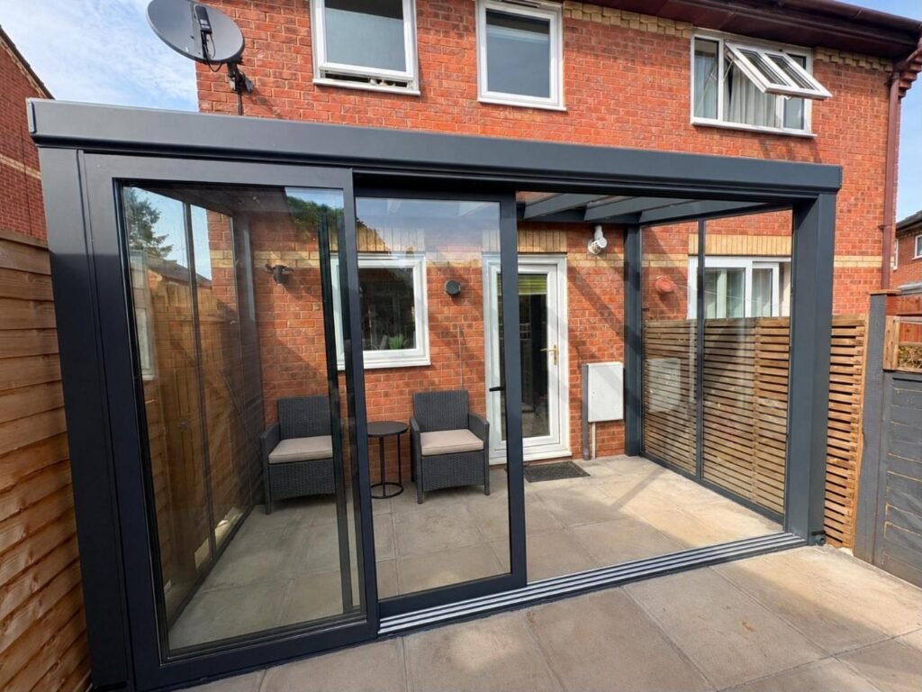 Fixed glass roof pergola with sliding glass doors, Adams Close, Wellingborough
