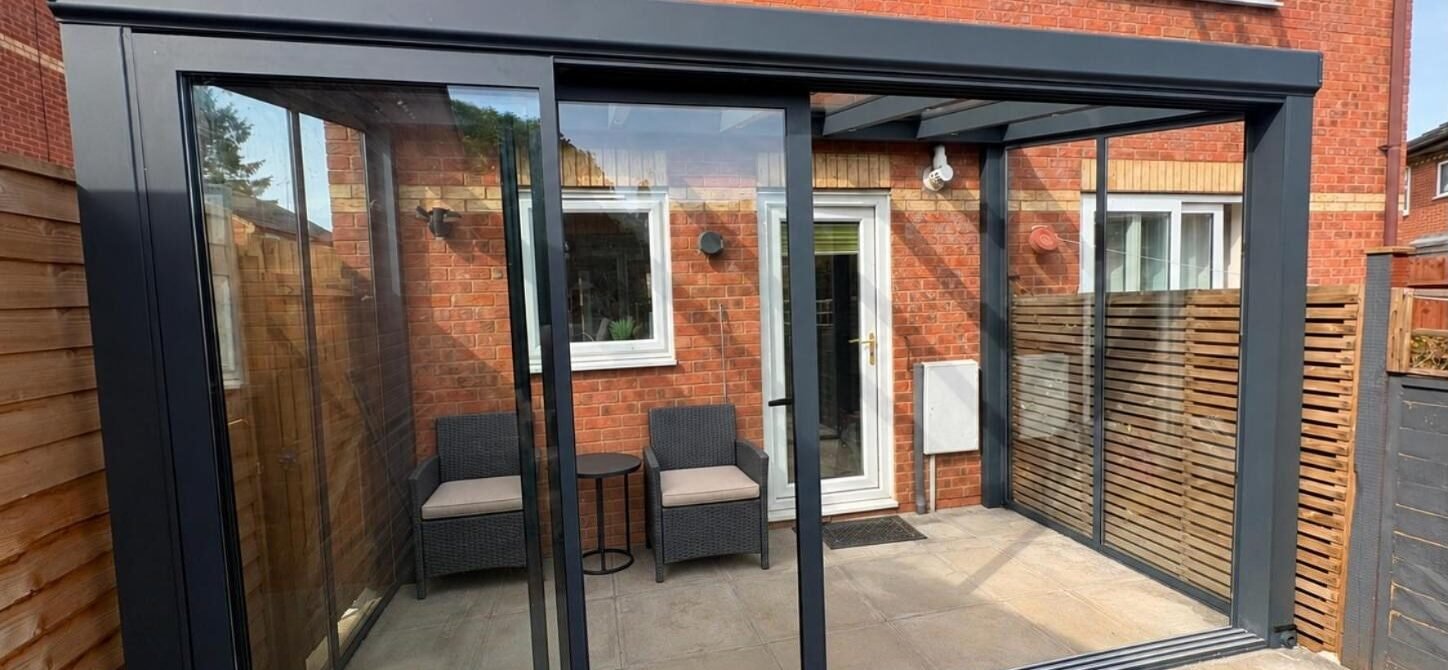 Fixed glass roof pergola with sliding glass doors, Adams Close, Wellingborough
