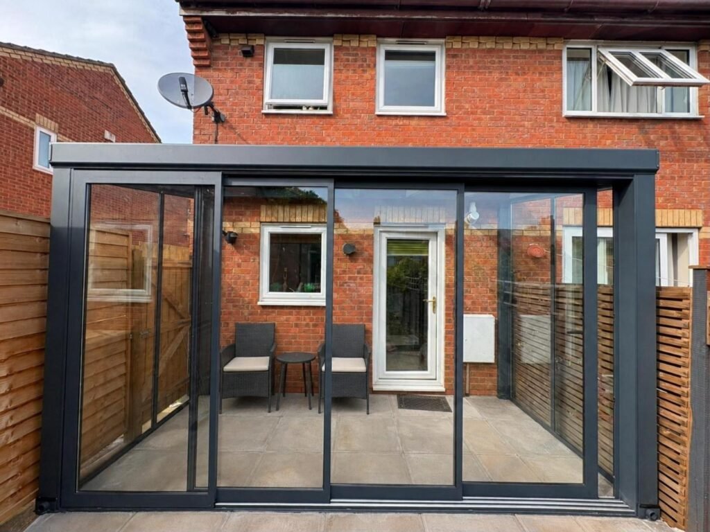 Fixed glass roof pergola with sliding glass doors, Adams Close, Wellingborough