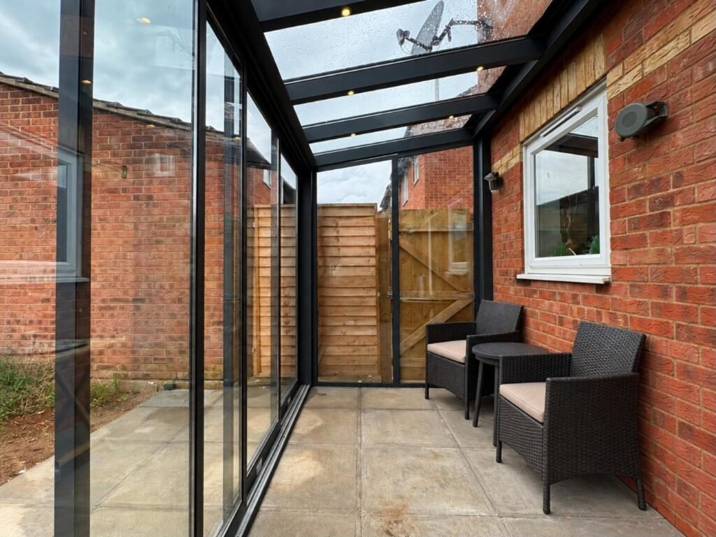Fixed glass roof pergola with sliding glass doors, Adams Close, Wellingborough