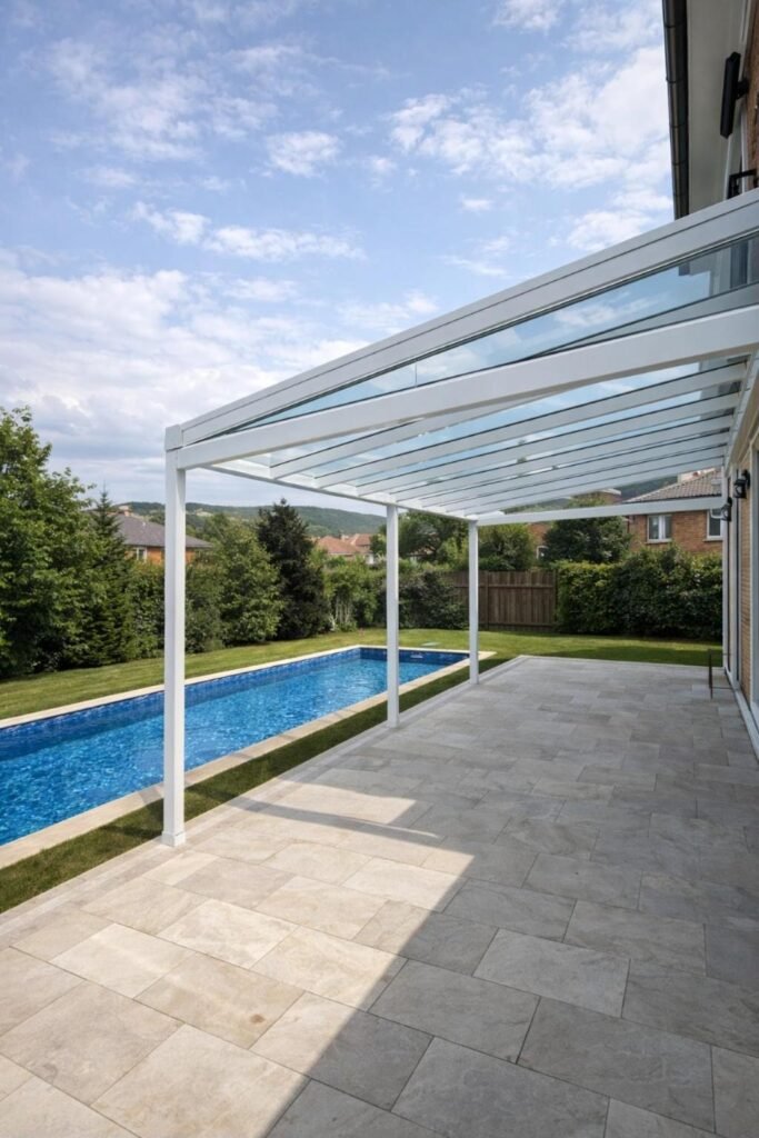 White fixed glass roof veranda over a patio next to a swimming pool, Bowdon, Manchester