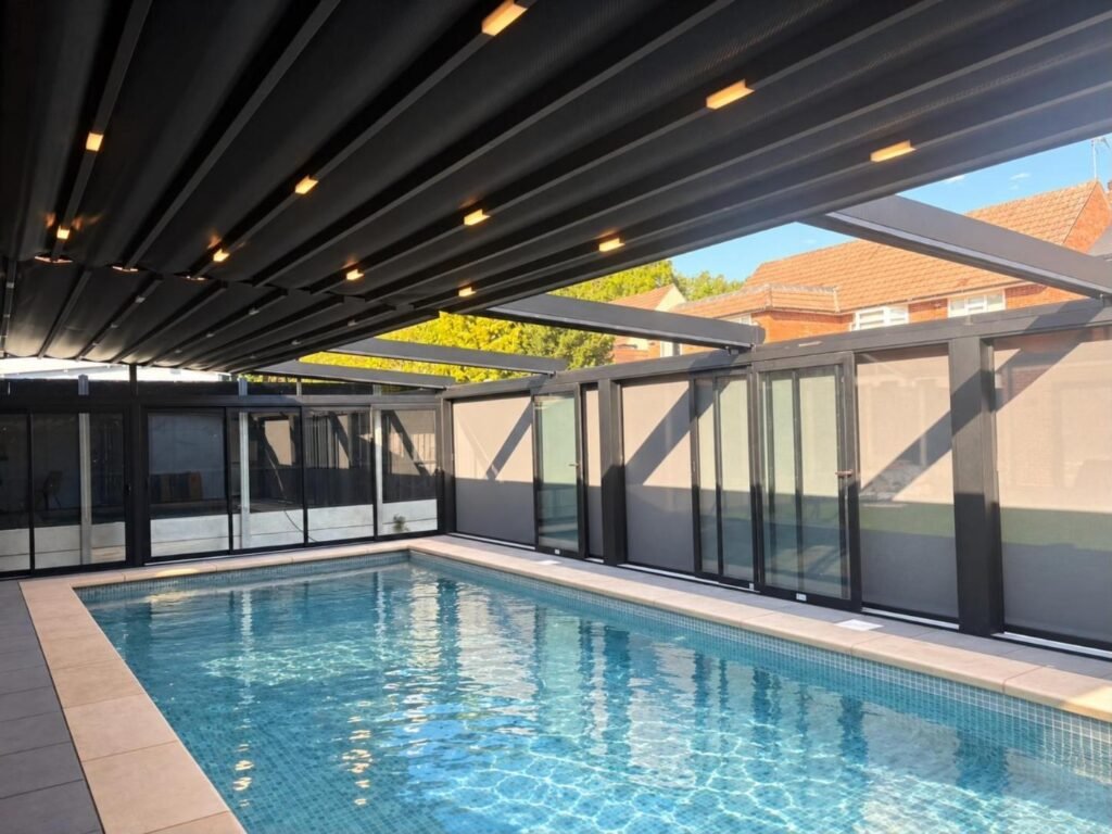 Retractable PVC roof enclosure over a swimming pool, Braemar Gardens, London
