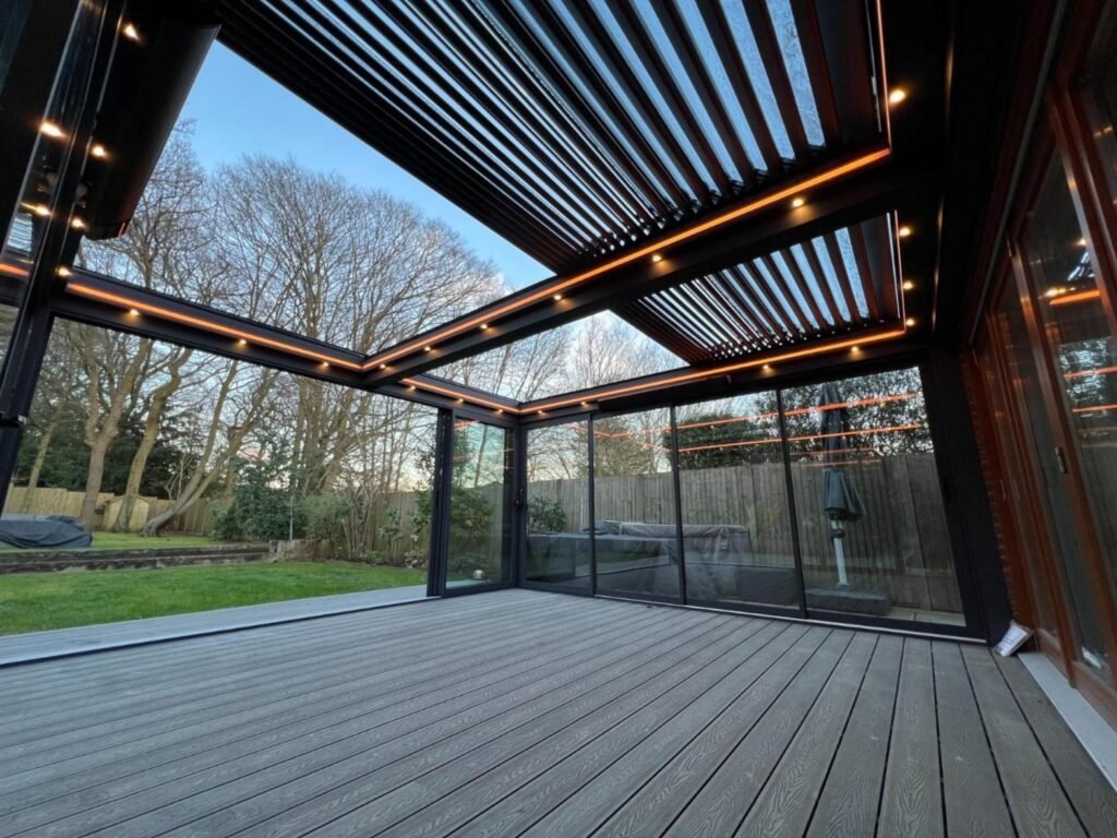Louvred glass roof garden room with LED lighting and sliding doors, Copsewood Way, Northwood