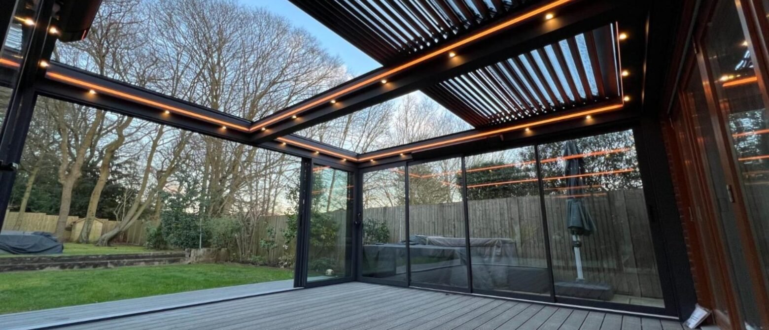 Louvred glass roof garden room with LED lighting and sliding doors, Copsewood Way, Northwood
