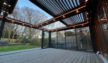 Louvred glass roof garden room with LED lighting and sliding doors, Copsewood Way, Northwood