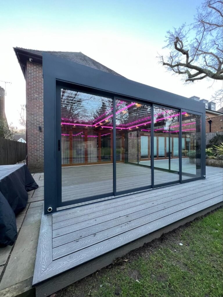 Louvred glass roof garden room with LED lighting and sliding doors, Copsewood Way, Northwood