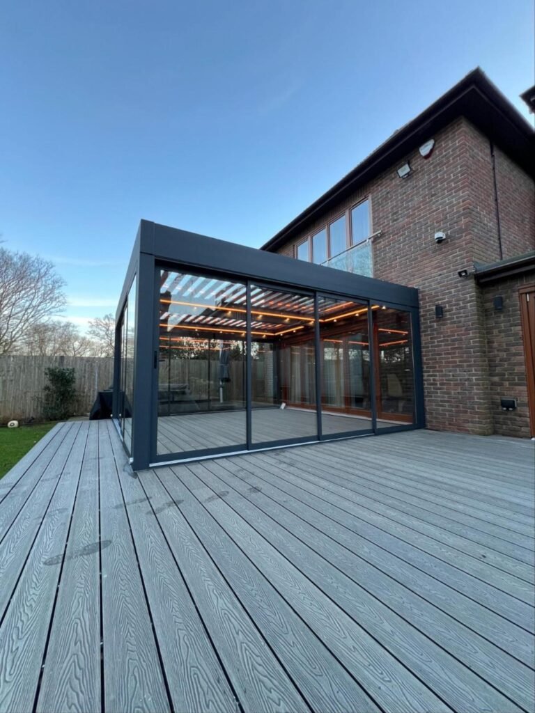 Louvred glass roof garden room with LED lighting and sliding doors, Copsewood Way, Northwood