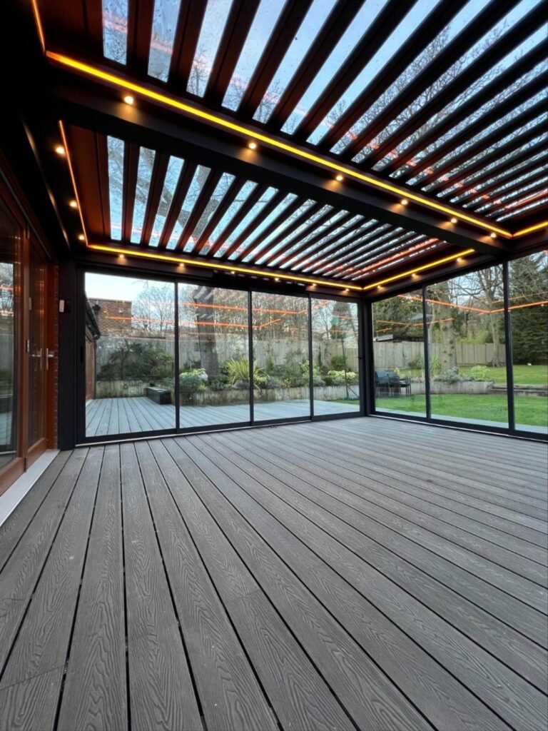 Louvred glass roof garden room with LED lighting and sliding doors, Copsewood Way, Northwood