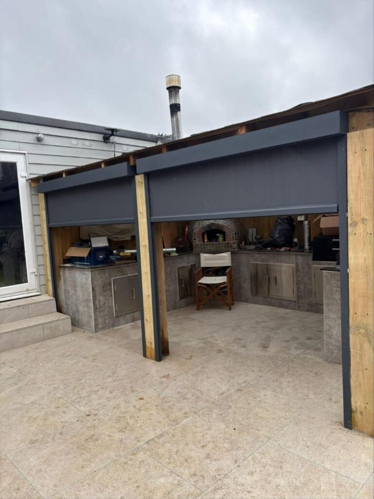 Outdoor kitchen with remote-controlled zip blinds, Dorset Avenue, Welling