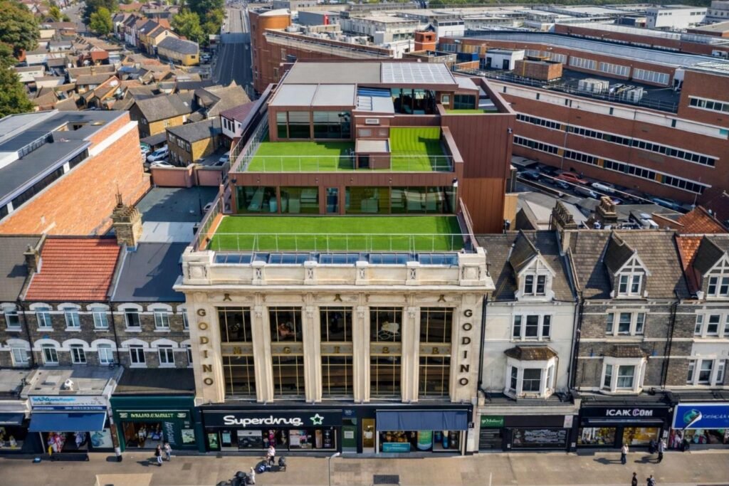 Retractable glass roof rooftop bar at Godino Sky Bar, Ilford