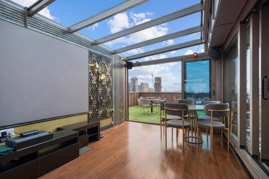 Retractable glass roof rooftop bar at Godino Sky Bar, Ilford