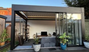 Retractable aluminium roof home gym garden room, North London