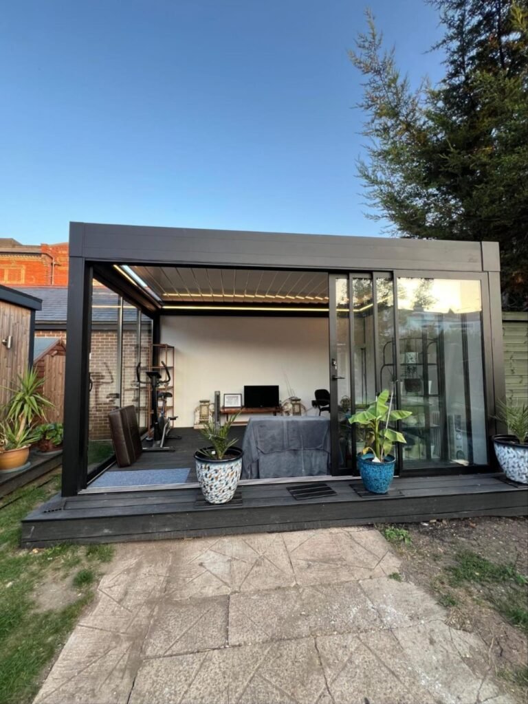 Retractable aluminium roof home gym garden room, North London