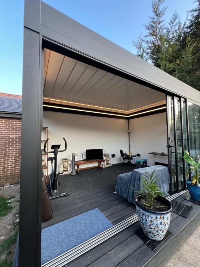 Retractable aluminium roof home gym garden room, North London