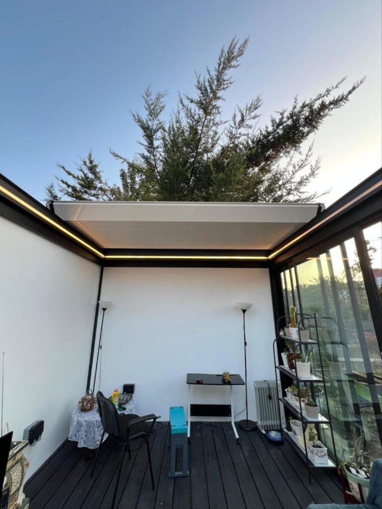 Retractable aluminium roof home gym garden room, North London