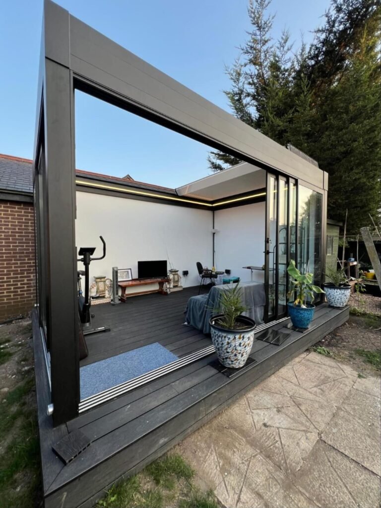 Retractable aluminium roof home gym garden room, North London