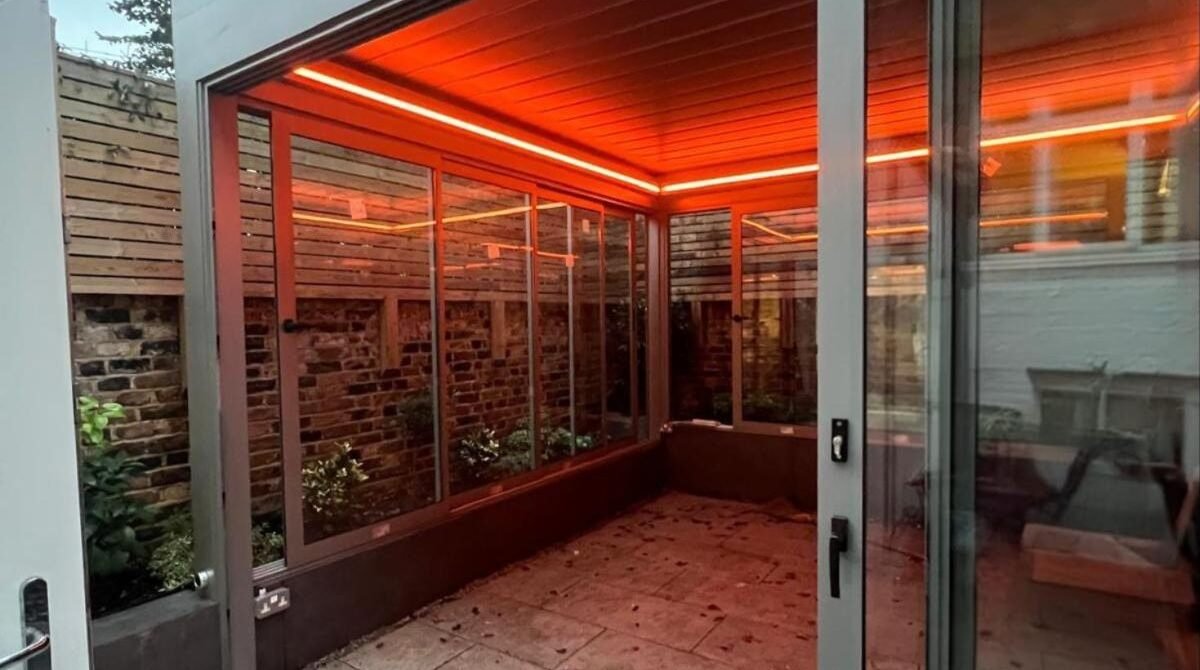Retractable aluminium louvred roof with LED lighting, Pelham Street, London