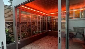 Retractable aluminium louvred roof with LED lighting, Pelham Street, London