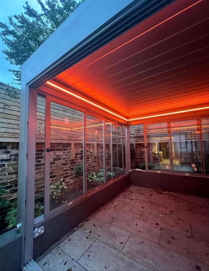 Retractable aluminium louvred roof with LED lighting, Pelham Street, London