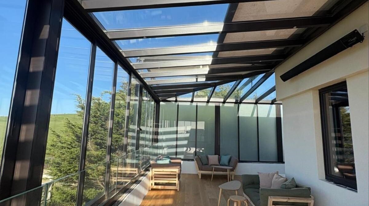 Fixed glass roof terrace with zip blinds and sea views, Roedean Crescent, Brighton