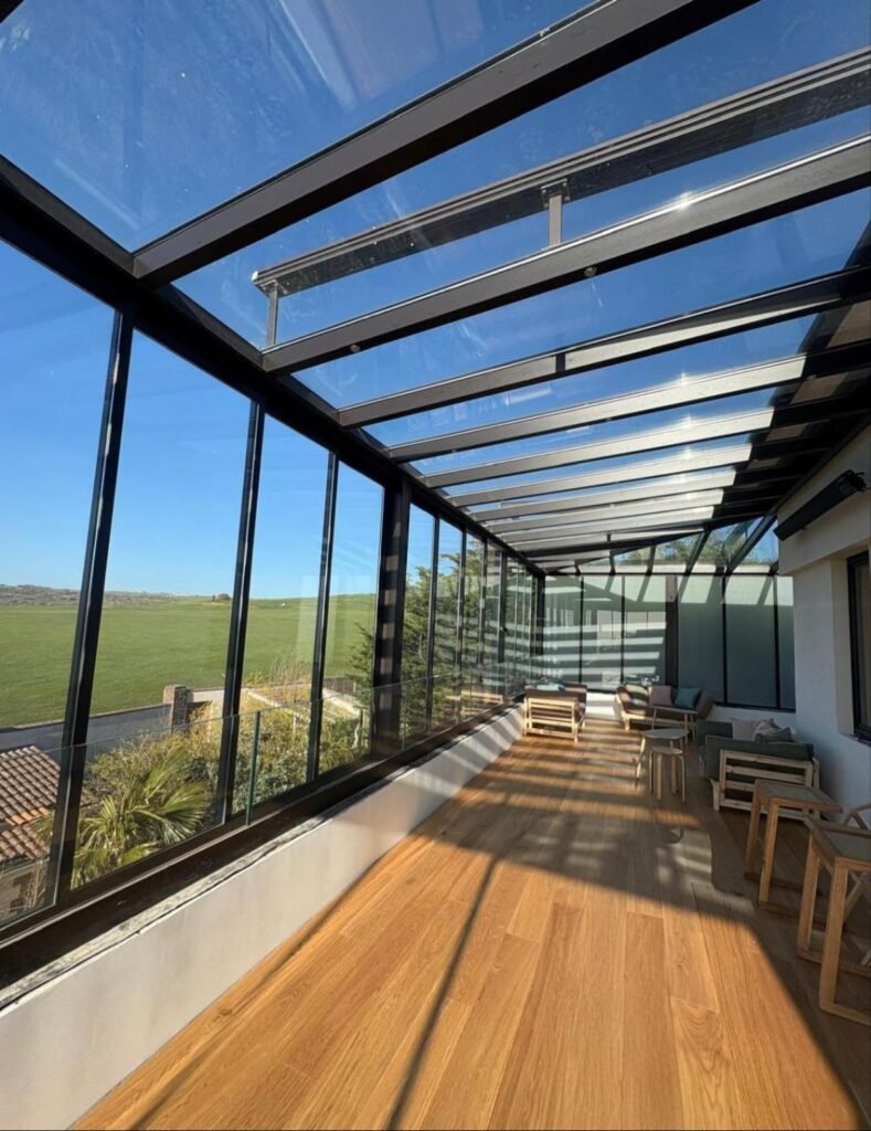 Fixed glass roof terrace with zip blinds and sea views, Roedean Crescent, Brighton