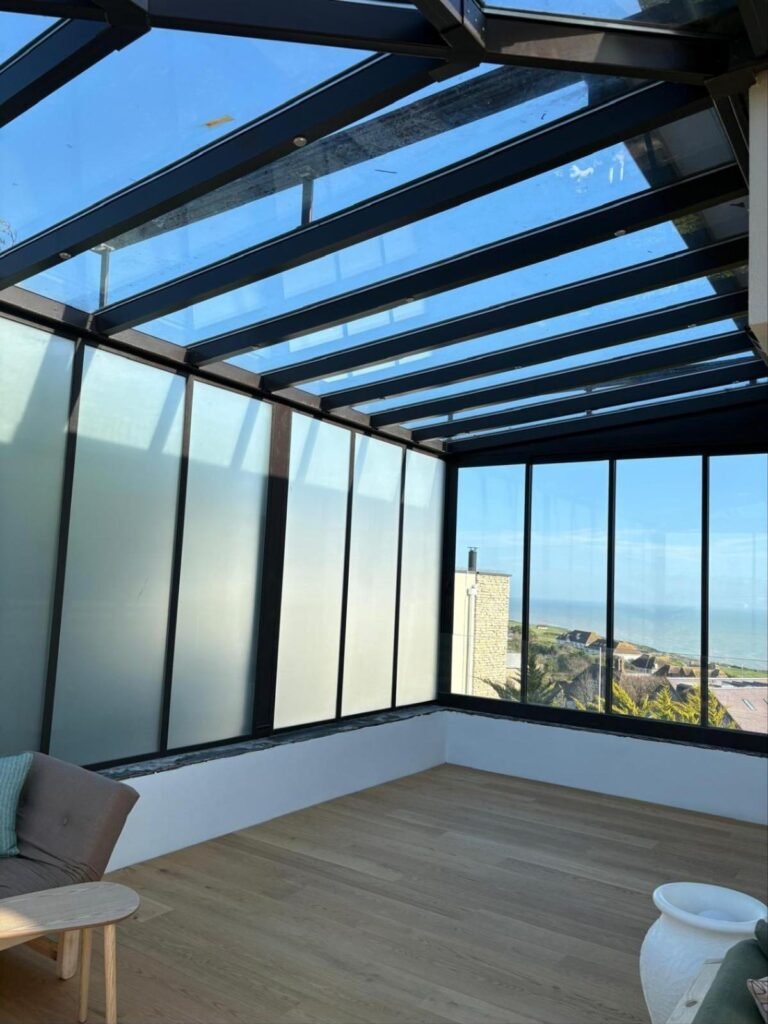Fixed glass roof terrace with zip blinds and sea views, Roedean Crescent, Brighton
