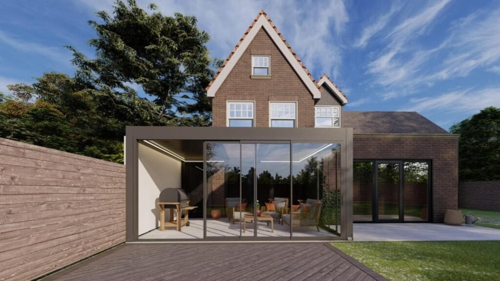 3D design of a rotating aluminium louvred roof with fixed glass, St Albans