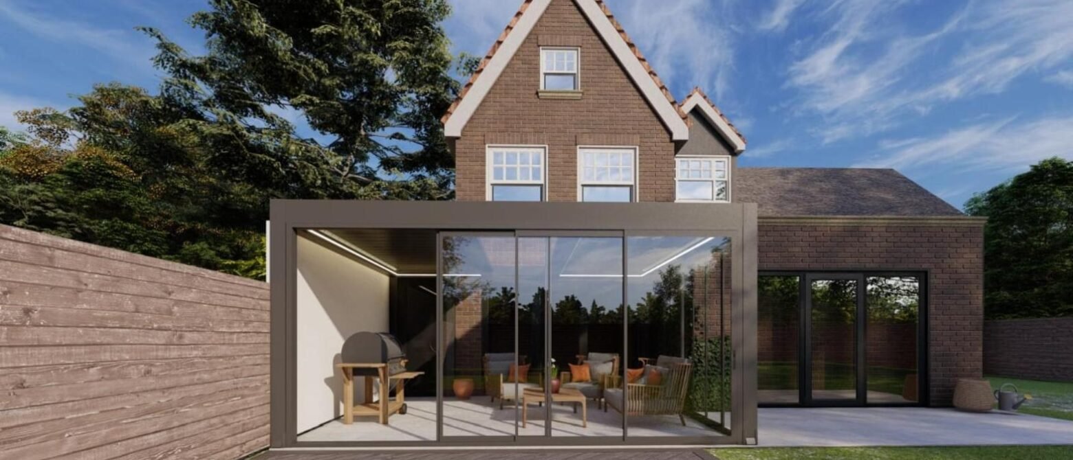 3D design of a rotating aluminium louvred roof with fixed glass, St Albans