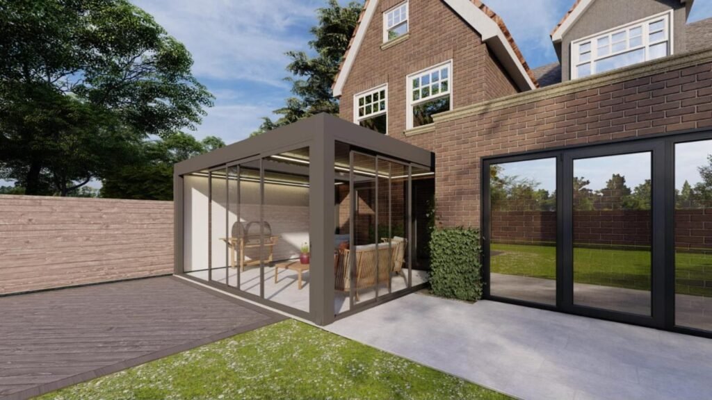3D design of a rotating aluminium louvred roof with fixed glass, St Albans