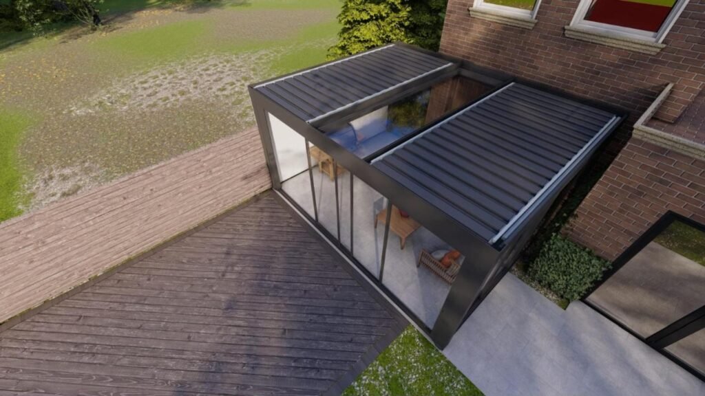 3D design of a rotating aluminium louvred roof with fixed glass, St Albans