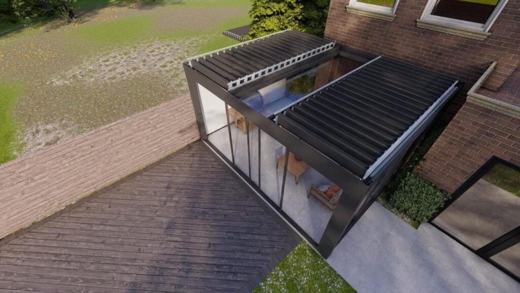 3D design of a rotating aluminium louvred roof with fixed glass, St Albans