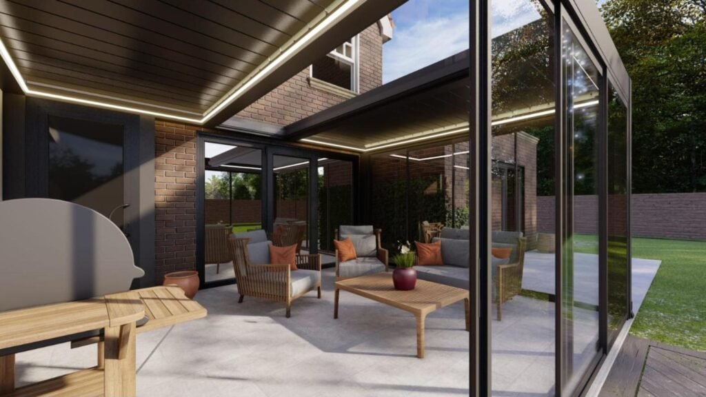 3D design of a rotating aluminium louvred roof with fixed glass, St Albans