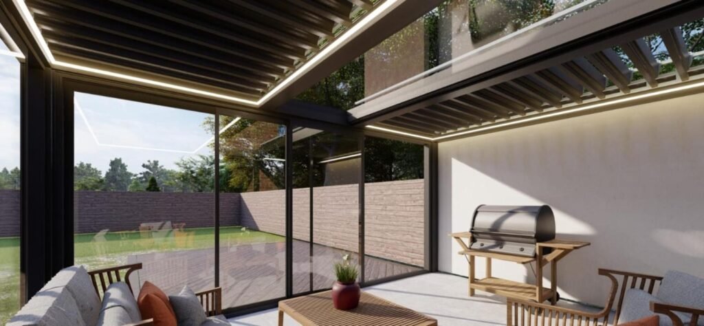 3D design of a rotating aluminium louvred roof with fixed glass, St Albans