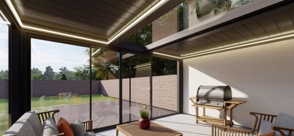 3D design of a rotating aluminium louvred roof with fixed glass, St Albans