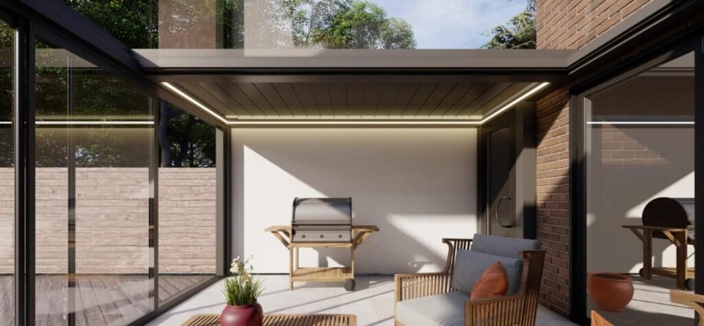 3D design of a rotating aluminium louvred roof with fixed glass, St Albans