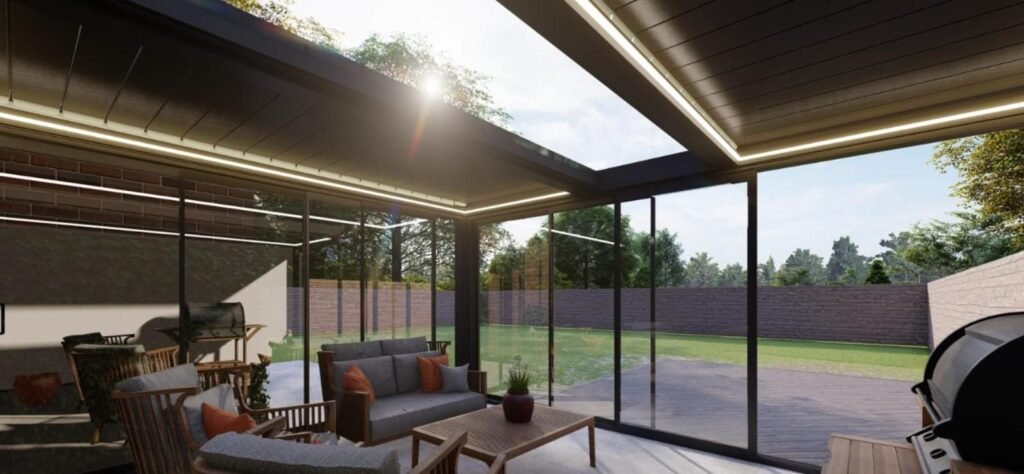 3D design of a rotating aluminium louvred roof with fixed glass, St Albans